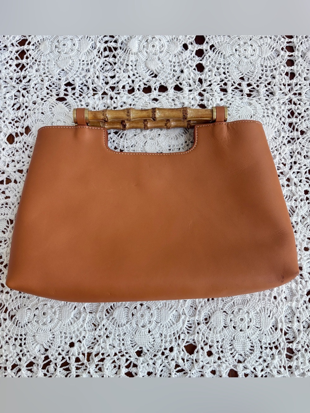 J.McLaughlin Sumpter Clutch Bag Tan Lamb Nappa Leather Bamboo Handle.